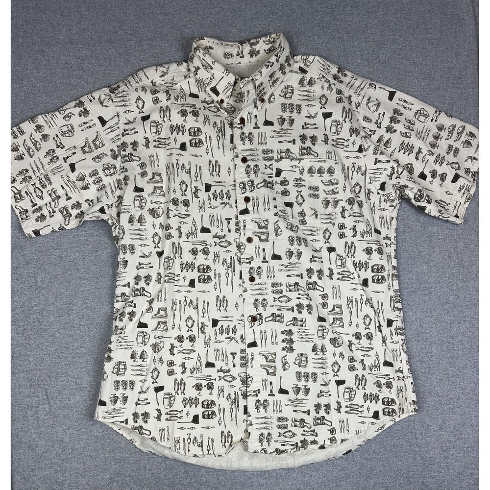 Woolrich Shirt Mens XL White Fishing Gear Camping‎ Print Short Sleeve Button Up